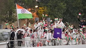 | Photo: PTI/Ravi Choudhary : Indian athletes at Paris Olympics 2024 Opening Ceremony.
